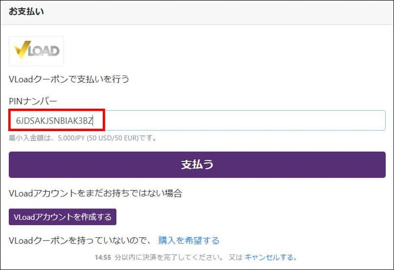 Axioryの入金ページにPINコードを貼る