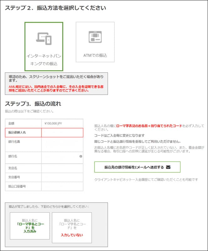 2.入金情報と注意点が表示される