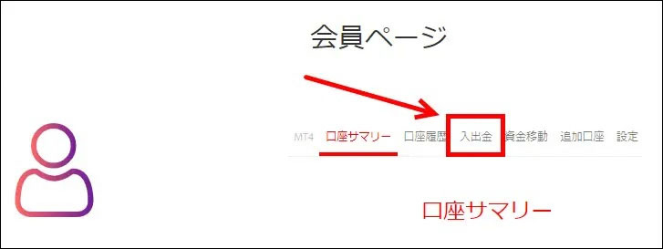 会員ページから入出金を選択